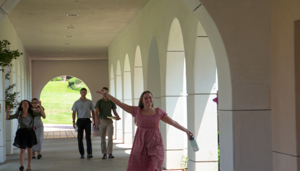 Students walk along academic quadrangle