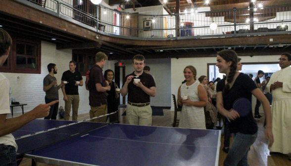 Getting ready to play a game of ping-pong