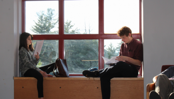 Two students studying in a window seat