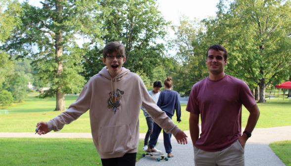 Enthusiastic students walking down the path