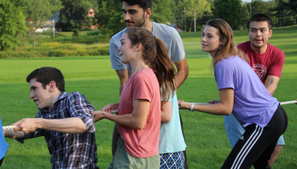 Closeup: students on right team pulling