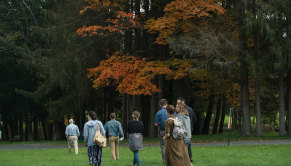 Students walking toward a road, afront a line of trees