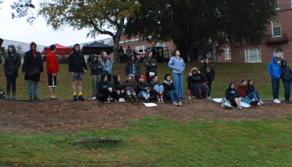 Students watch soccer game Students on soccer field