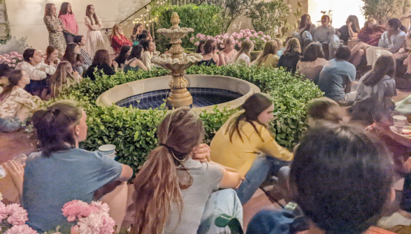 Another view of students by the fountain