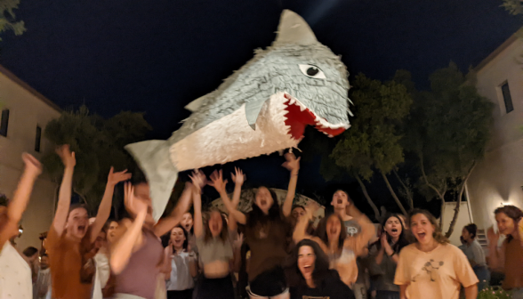 Enthusiastic cheers as an enormous shark piñata is brought forth!