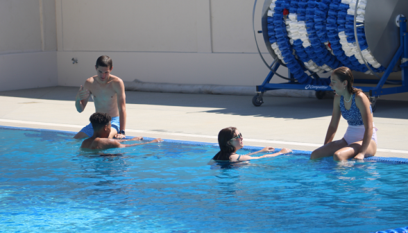 Four relax and chat in the pool, in two pairs