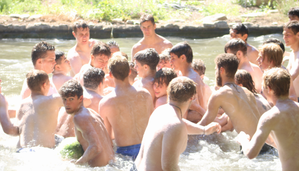 Students wrestle for the watermelons