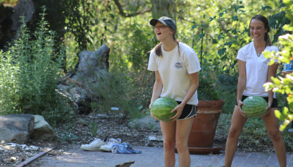 Two stand with watermelons on the sidelines