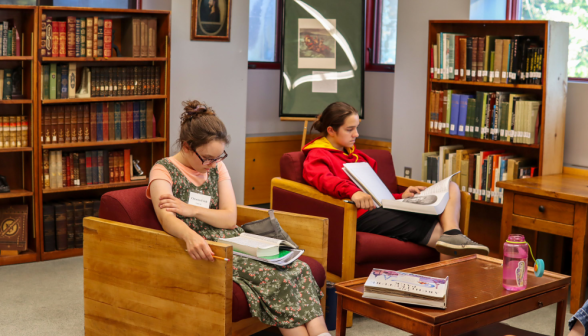 Students study afront two bookcases