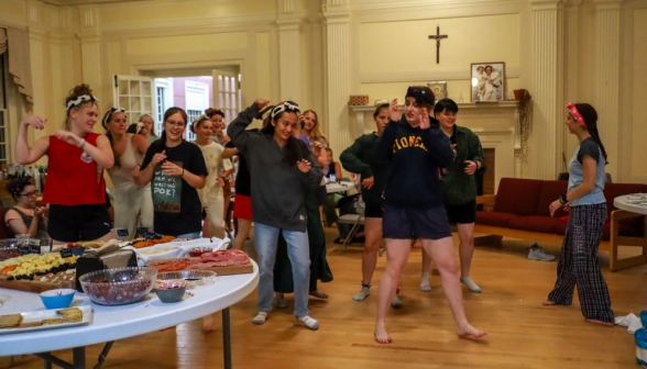 Dance party behind a charcuterie table