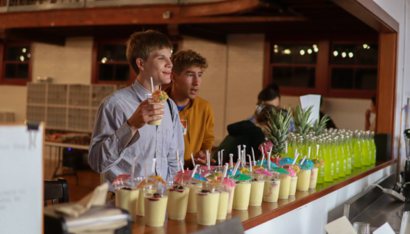 Two select drinks from a wide selection on the coffee shop counter