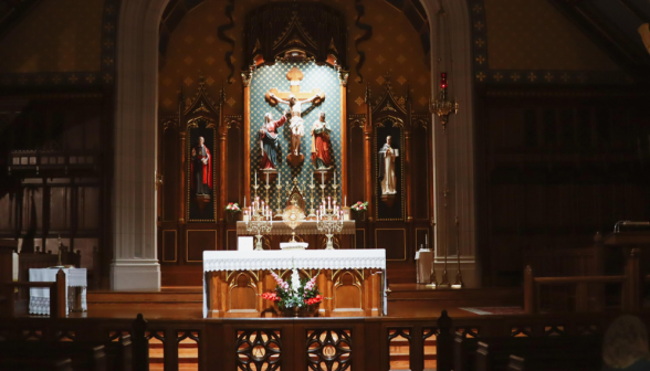 Closeup of the altar with monstrance and candelabras