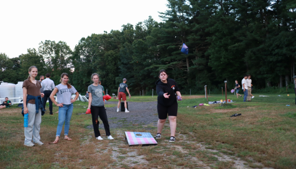 Students play beanbags