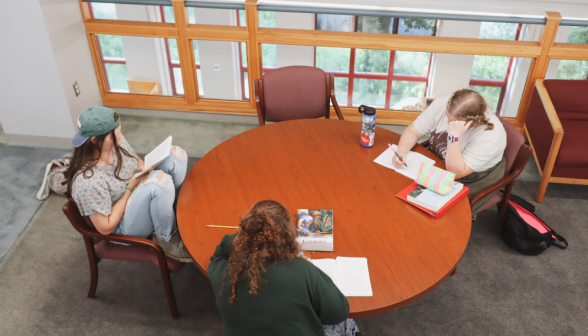 Three study at a round table