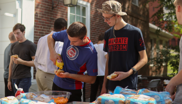 Students in the condiment line