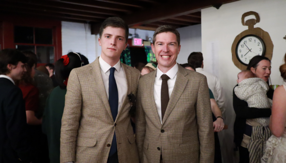 A student dressed as Dr. Shields poses beside Dr. Shields