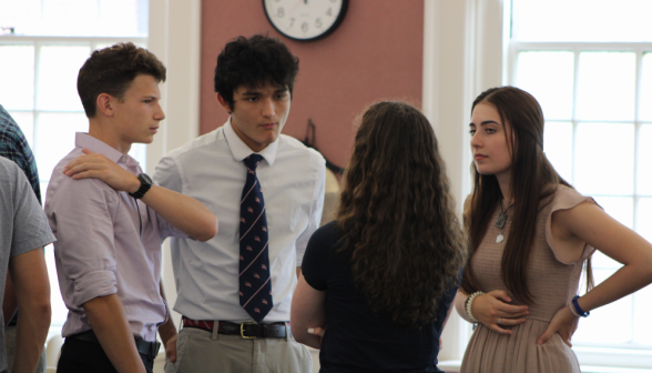 Students chat in the lunch line