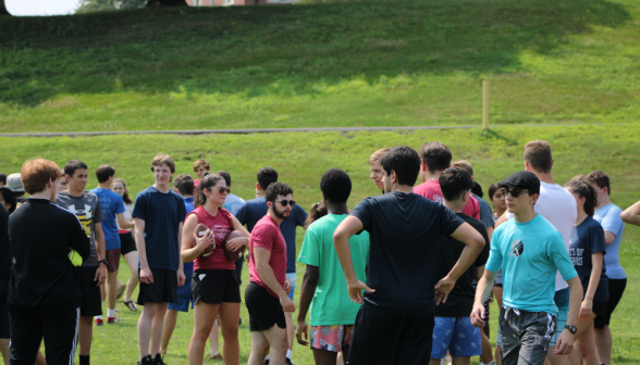 Students gather around the prefects