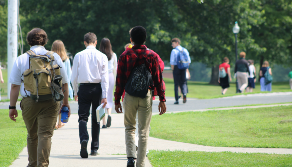 Students from the classroom building