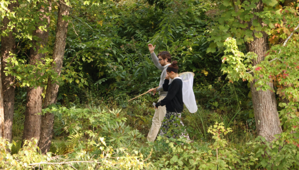 Two freshmen walk along a path to look for bugs