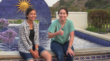 Two freshmen in St. Gladys Plaza