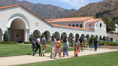 Students walk across campus