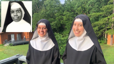 Sr. Mary Josefa (Kathleen ’07) Holcomb, O.S.B., Sr. Sophia of the Holy Eucharist (Gina Marie ’08) Eid, O.S.B., and Sr. Wilhelmina Lancaster, O.S.B. (inset)