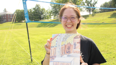 Student with drawing of the NE chapel