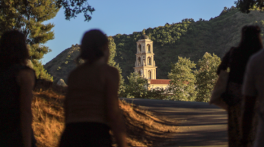 Students with Chapel in background