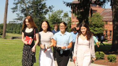 Students walk across campus