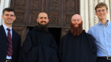 Deneys Williamson (’10), Br. Evagrius Hayden (’08), O.S.B., Br. Augustine Wilmeth, O.S.B. (’13), and David Allen (’10)