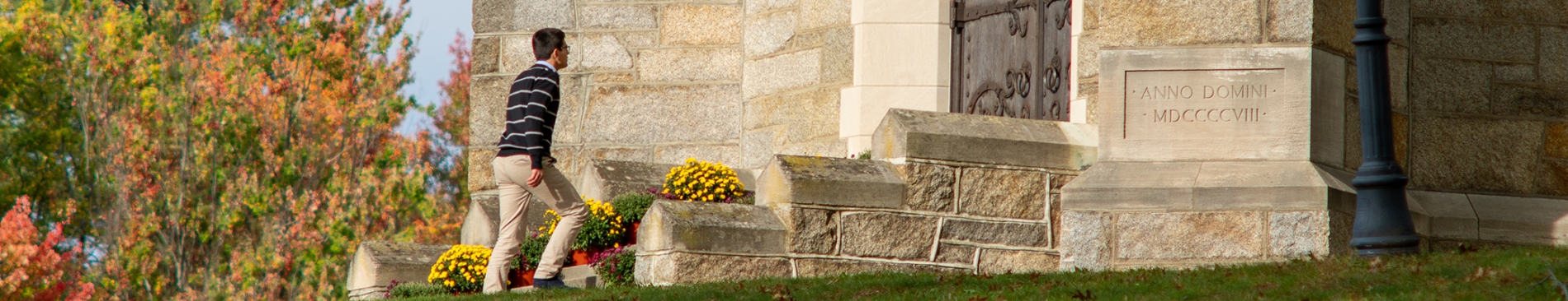 A student enters Our Mother of Perpetual Help Chapel