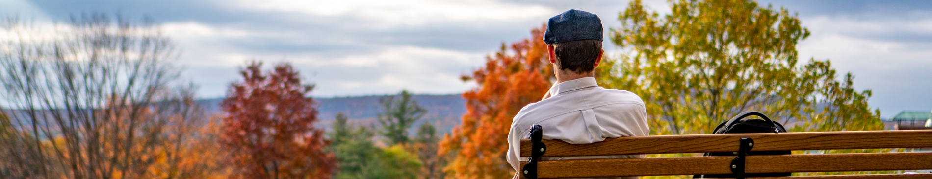 A student admires the fall foliage on the New England campus.