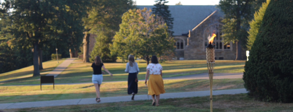 Students walk toward Our Mother of Perpetual Help Chapel
