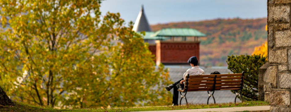 Student reads on a bench