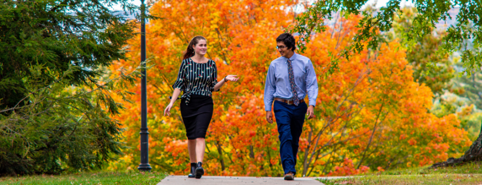 Students walk along a path on the New England campus