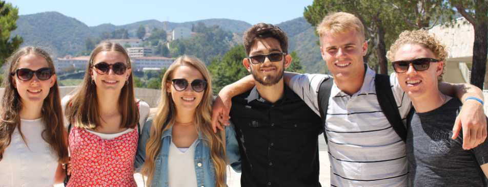 Students pose outside the Getty Center